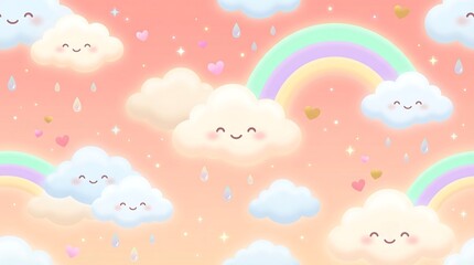 Obraz premium Cute cartoon clouds with smiling faces and rainbows in a pink sky