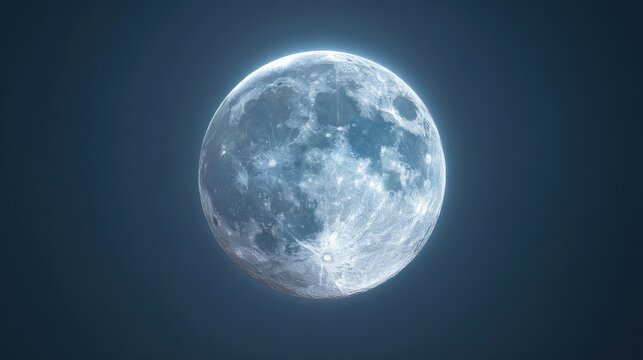 A bright full moon with distinct craters and maria glows in deep blue night sky, serene and mystical.