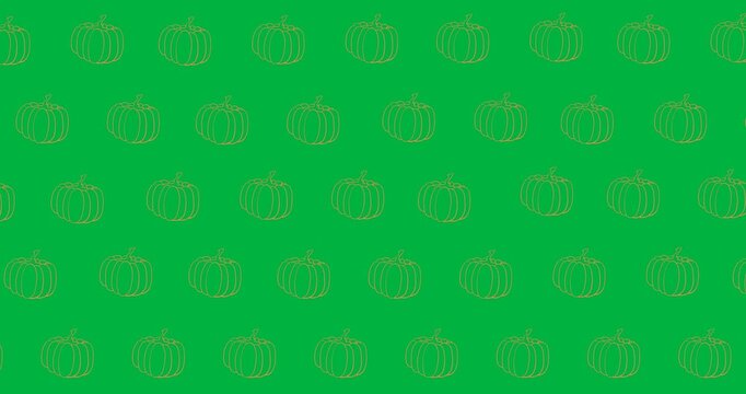 Digital animation of multiple orange pumpkin icons in seamless pattern against black background
