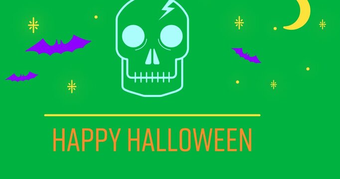 Halloween digital illustration features a skull and festive text on a black background.