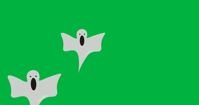 Halloween digital illustration features floating ghost icons on a black background.