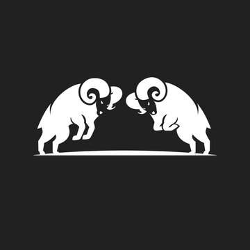 Two Rams Head Butting Silhouette Logo Design - Animal Strength Symbol Vector