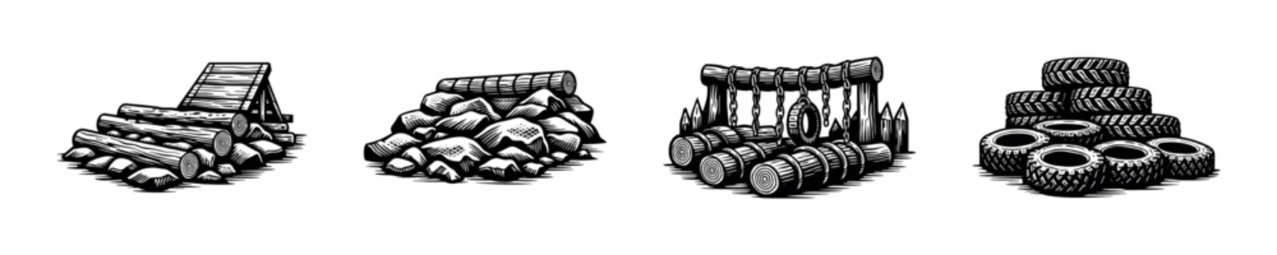 Obstacle course elements illustration with tires, logs and rocks, vector black and white design