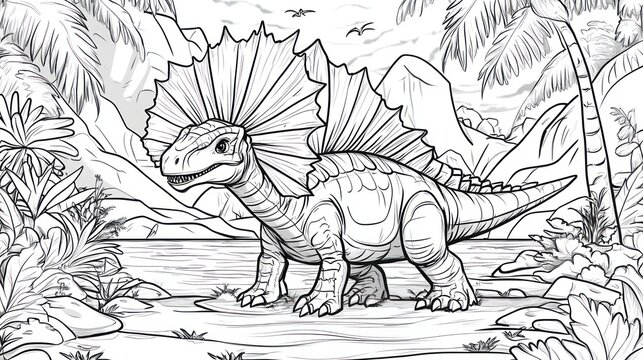 Dilophosaurus by water, tropical jungle, coloring page, educational