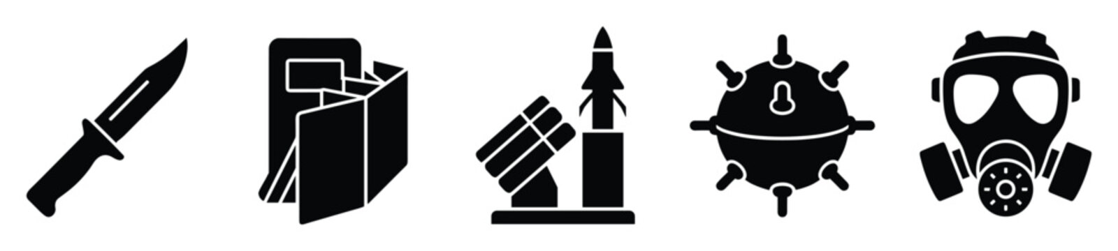 A collection of essential military and defense icons including a tactical knife, ammo box, missile system, naval mine, and gas mask, ideal for security related projects and warfare themed