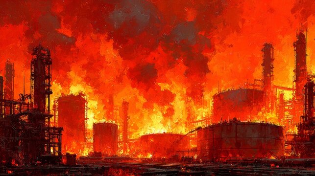 Dramatic nighttime inferno: a massive refinery explosion captured in flame. Cinema artwork. Luminescence on rails: intense flames and roaring clouds at the refinery. Drama poster.