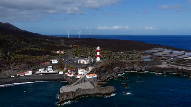Aerial View Fuencaliente Lighthouse at Southern Point of La Palma Canary Islands Spain; Maritime Navigation Faro and Atlantic Ocean Coast