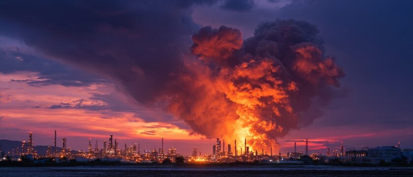 Dark smoke and flames: the stark reality of industrial complex vulnerabilities. Clear focus. Sunset inferno: oil refinery explosion with luminous flames and ominous smoke. Blank background.