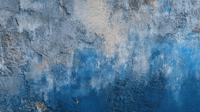 A weathered old blue wall with peeling paint reveals grayish white underlay and rust, textured and aged.