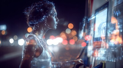 Obraz premium Fuel sticker shock: the face of modern travel costs. Ai dashboards. Astonished by prices: woman surrounded by cars at twilit fuel station. Business intelligence. Data visualization.