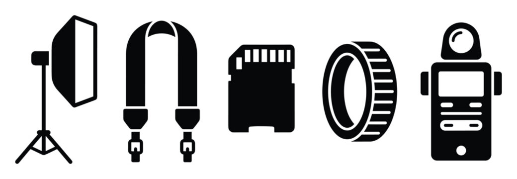 Professional photography studio equipment and camera accessories for creative visual content production including light modifier memory card and metering device