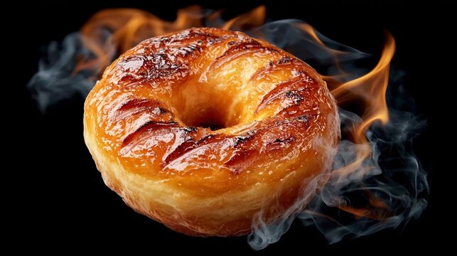 Glazed donut with caramelized surface and smoke effect, showcasing a golden-brown color and glossy texture against a dark background