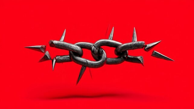 Metallic chain with sharp spikes connected in the center, suspended against a vivid red background, highlighting the contrast between the elements