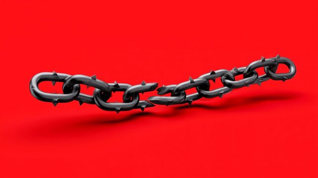 Black spiked chain on a vibrant red background, showcasing a strong and rugged design suitable for various artistic and industrial applications