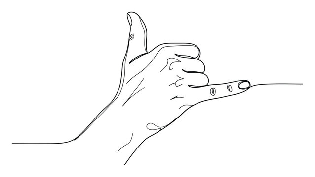 Continuous one line drawing of a human hand making the shaka gesture, symbolizing positive communication and a relaxed lifestyle for youth culture marketing campaigns