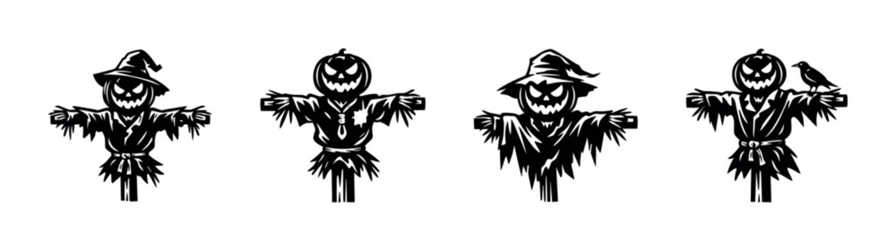 Halloween scarecrow silhouette set with pumpkin heads and hats, black and white vector illustration