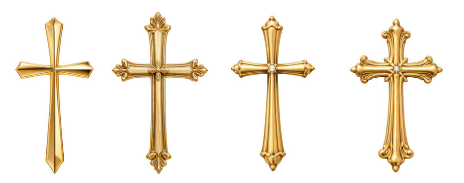 Collection of four ornate gold crosses with religious christian collection spiritual as isolated element