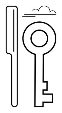 Security, access control, safeguarding, locksmith services, digital solutions, minimal design. Stylized key and lockpick with a simple cloud. Security and access control concept