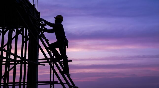 Silhouette of a construction worker climbing scaffolding against a vibrant sunset sky.