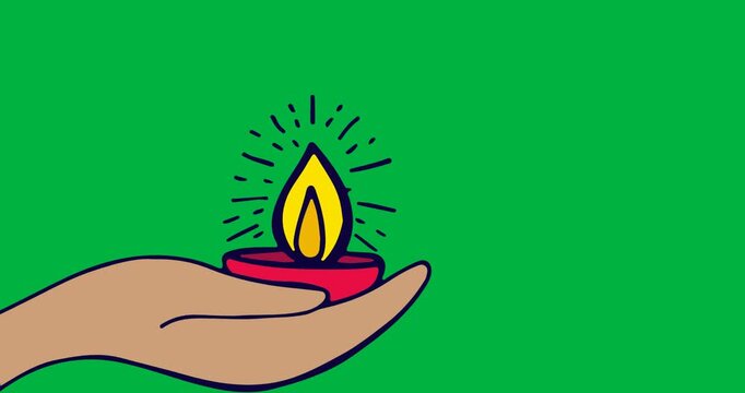 Digital animation of hand holding a lamp icon with copy space on black background