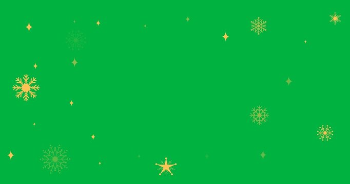 Digital animation of golden snowflakes and stars icons with copy space on black background