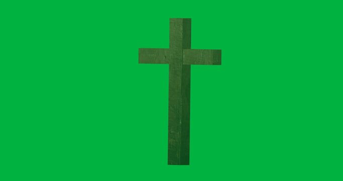 Digital animation of wooden cross icon against black background