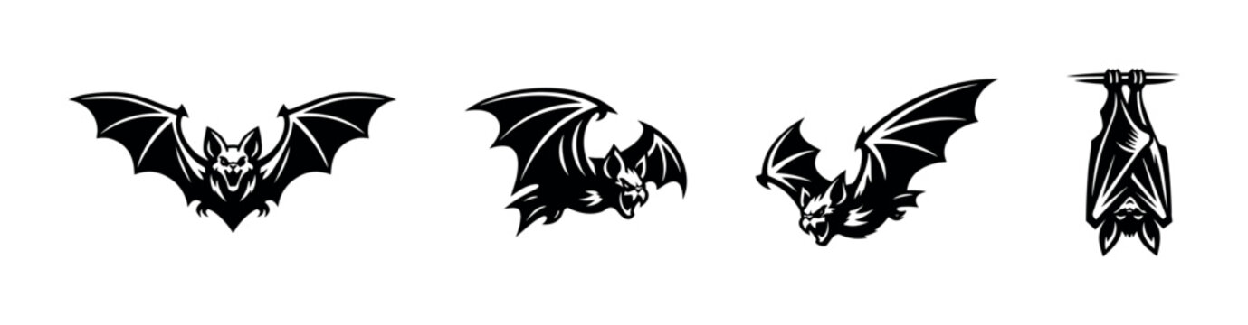 Stylized bat illustrations featuring various poses and expressions, black and white vector clipart, animal silhouette