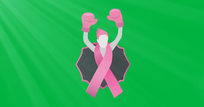 Digital animation of female boxer with pink ribbon icon with copy space on black background
