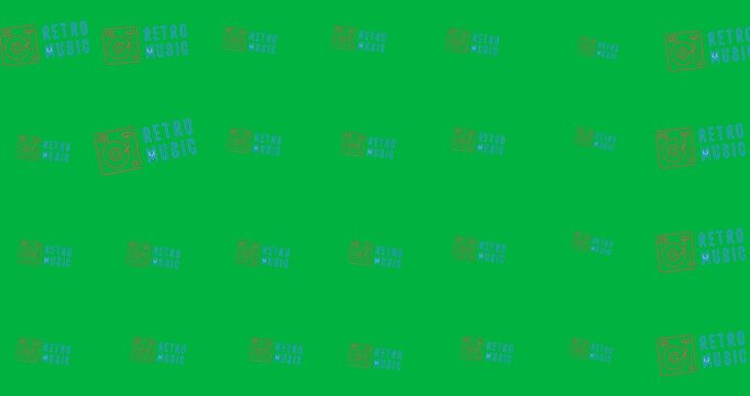 Digital animation of multiple retro music text banners in seamless pattern against black background