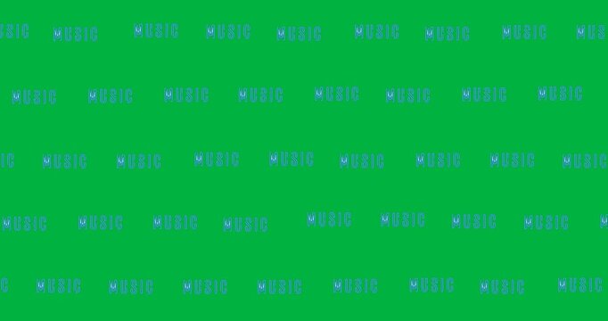 Digital animation of multiple blue music text banners in seamless pattern against black background