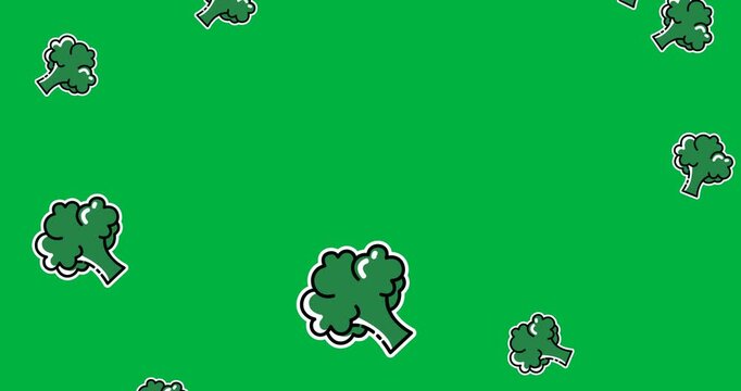 Digitally generated image of multiple broccoli icons falling against black background