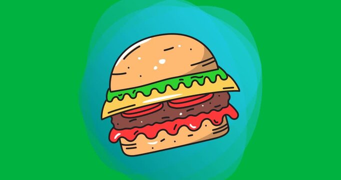 Digitally generated image of burger icon on a blue round banner against black background
