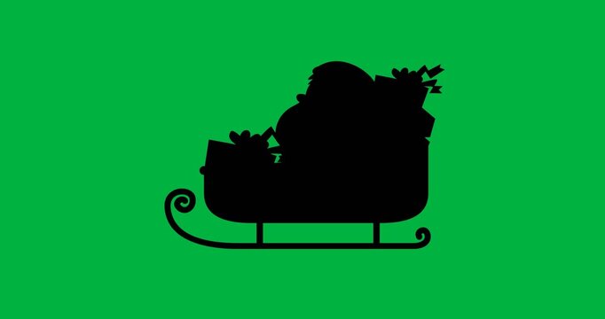 Digital animation of black silhouette of santa claus in sleigh against white background