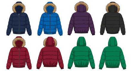 Collection of various colored hooded winter puffer jackets displayed in two rows for fashion and apparel design © charli