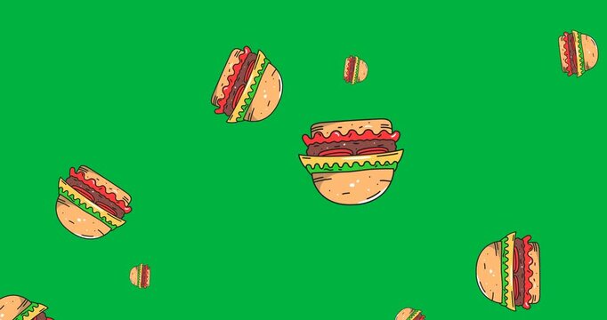 Digital animation of multiple burger icons falling against black background
