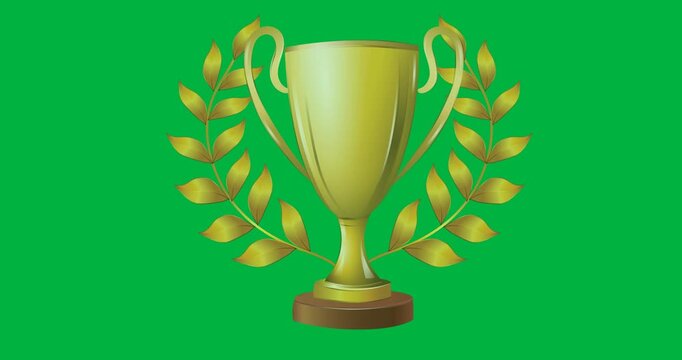 Digital animation of golden trophy and wreath icon against black background