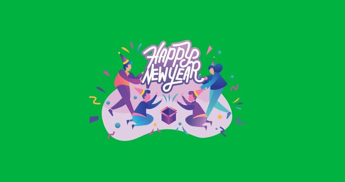 Digital animation of happy new year text banner with people partying icons against black background