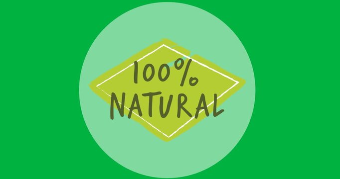 Digital animation of 100 percent natural text over a grey round banner on black background