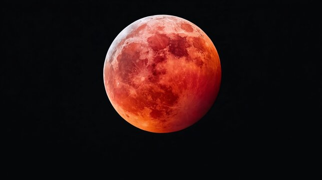 Full moon during a lunar eclipse displaying a reddish hue against a dark sky, showcasing the natural phenomenon of a blood moon in clear visibility