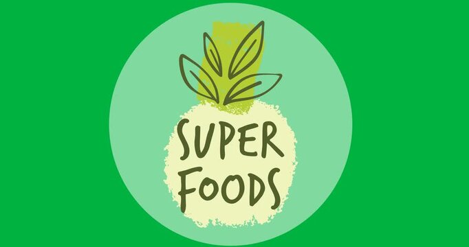Super foods text with leaves icon over a grey round banner on black background
