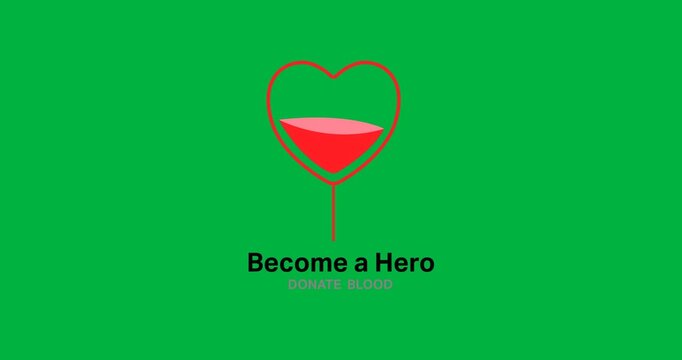 Digital animation of blood inside a heart shape icon with donate blood text against black background