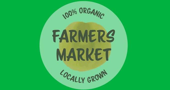 Digital animation of farmers market text over a grey round banner on black background