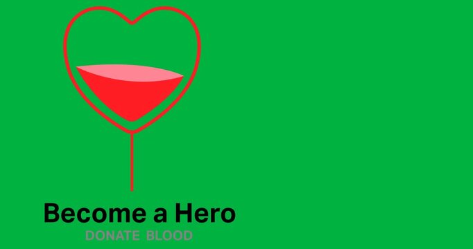 Digital animation of blood inside a heart shape icon with donate blood text against black background