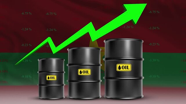 Burkina Faso Crude Oil Market Growth with Green Rising Arrow and Barrels
