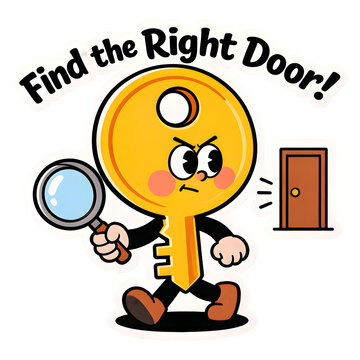 A cartoon key character holding a magnifying glass and searching for the right door on transparent background