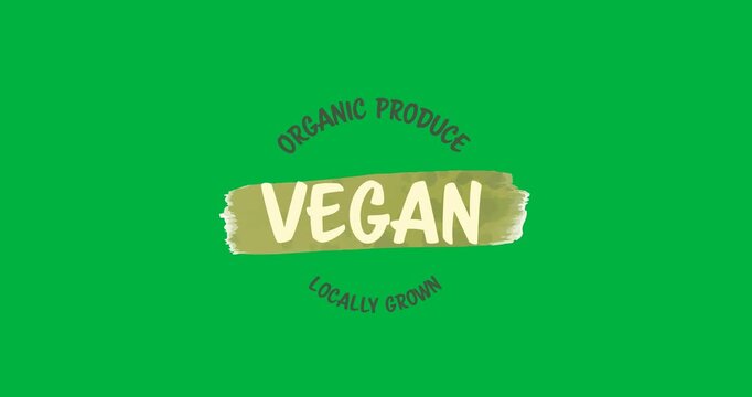 Digital animation of vegan locally grown text banner against black background