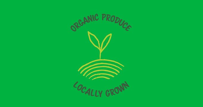 Digital animation of organic produce locally grown text banner with leaves icon on black background
