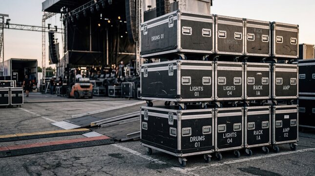 Stacked Stage Equipment Flight Cases for Outdoor Concert Setup