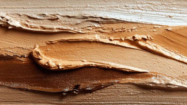 Close-up of cosmetic foundation swatches in various shades on a textured surface, makeup texture