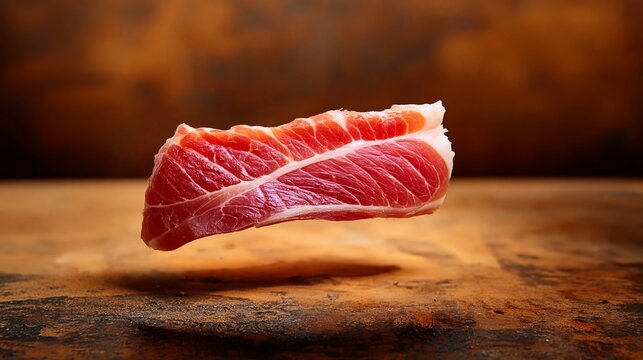 Fresh slice of raw meat suspended in mid-air against a blurred rustic background, showcasing marbling and texture of the meat